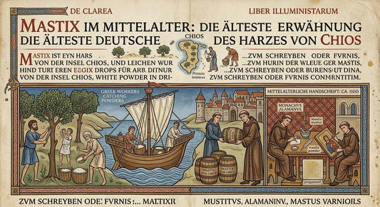 Mittelalterliche Buchmalerei, die die Gewinnung und den Handel mit Mastix von der Insel Chios darstellt.
