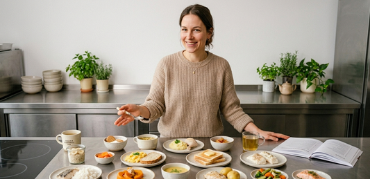 Eine Frau in einer Küche zeigt auf eine Auswahl magenschonender Gerichte bei Gastritis, wie Brei, Fisch, Reis und gedünstetes Gemüse.