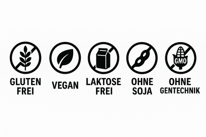 glutenfrei, vegan, laktosefrei, ohne Soja, ohne Gentechnik